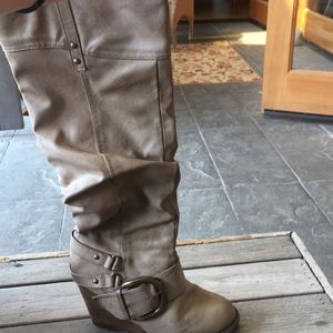 Knee high tan wedge boots